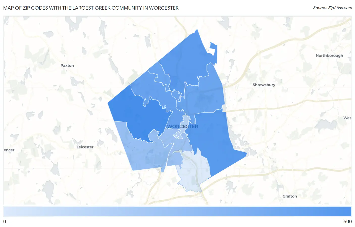 Zip Codes with the Largest Greek Community in Worcester Map