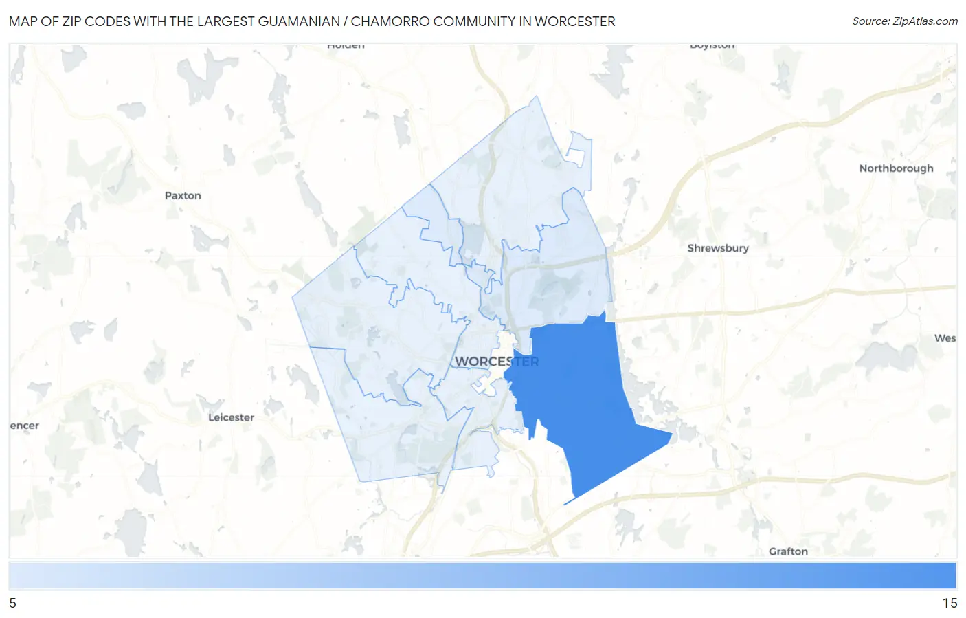 Zip Codes with the Largest Guamanian / Chamorro Community in Worcester Map