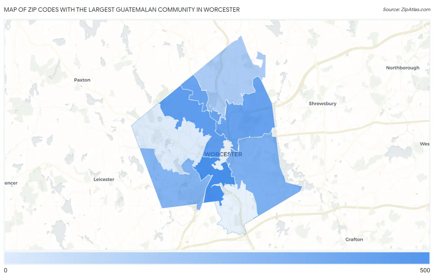 Zip Codes with the Largest Guatemalan Community in Worcester Map