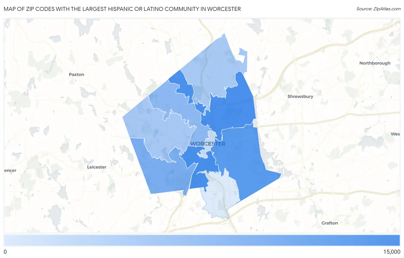 Zip Codes with the Largest Hispanic or Latino Community in Worcester Map