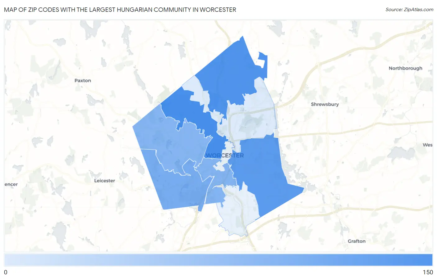 Zip Codes with the Largest Hungarian Community in Worcester Map