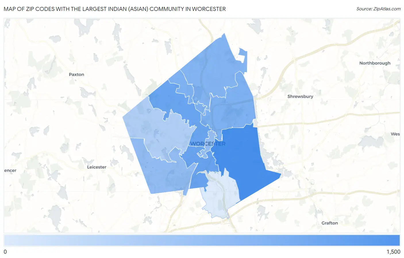 Zip Codes with the Largest Indian (Asian) Community in Worcester Map