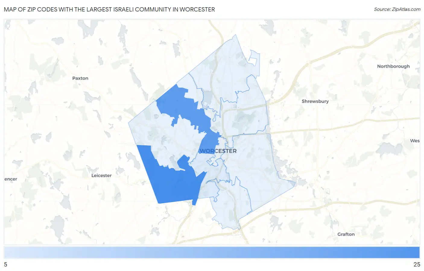 Zip Codes with the Largest Israeli Community in Worcester Map