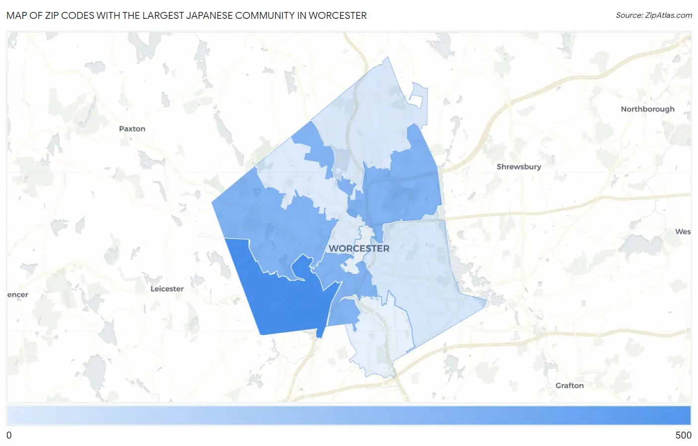 Zip Codes with the Largest Japanese Community in Worcester Map