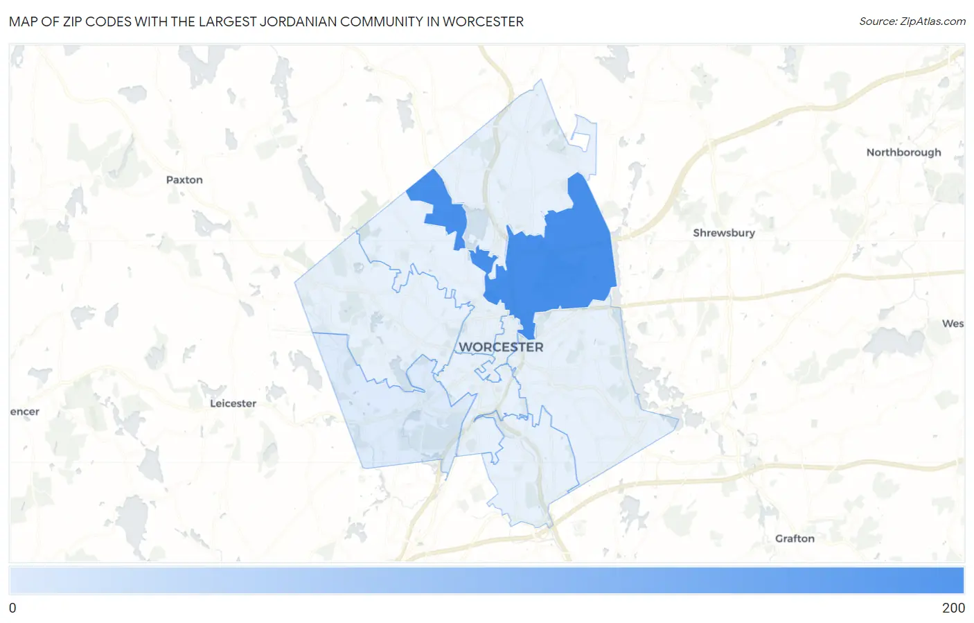 Zip Codes with the Largest Jordanian Community in Worcester Map