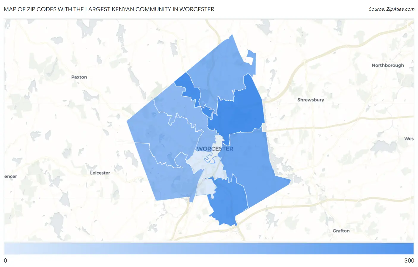 Zip Codes with the Largest Kenyan Community in Worcester Map