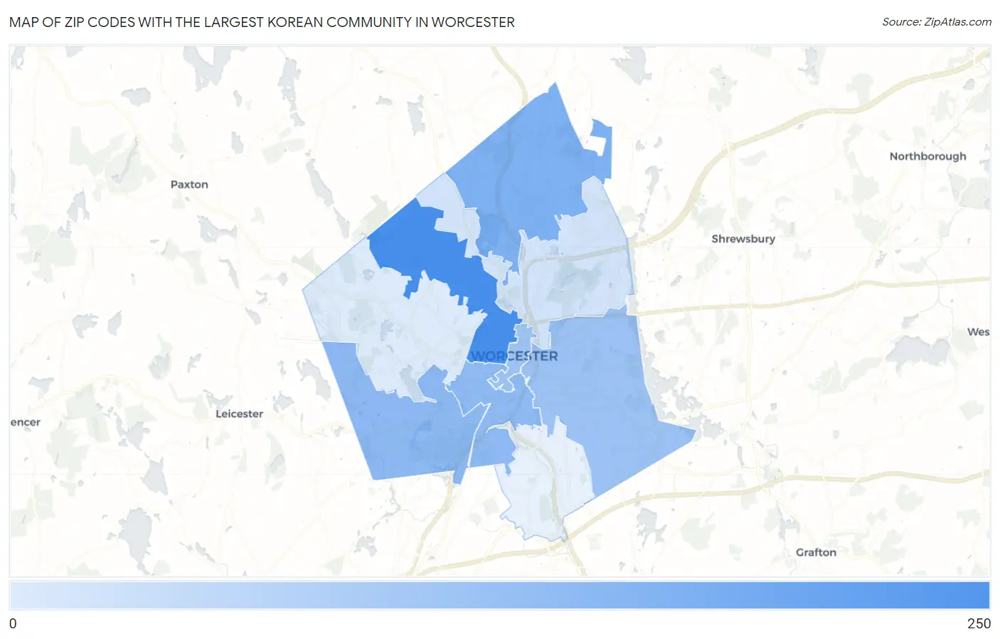 Zip Codes with the Largest Korean Community in Worcester Map