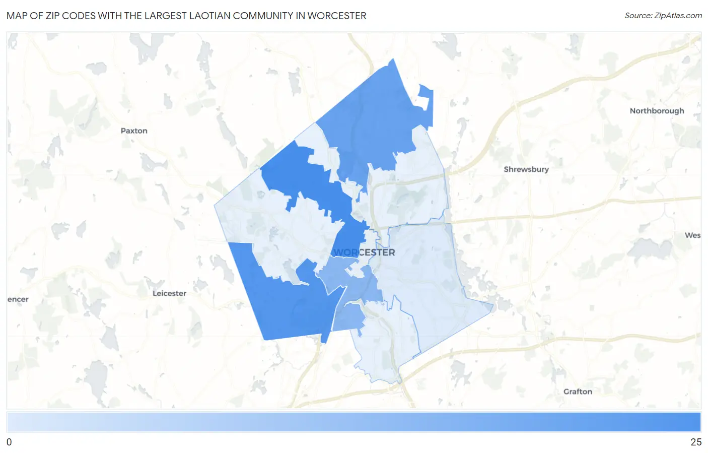 Zip Codes with the Largest Laotian Community in Worcester Map