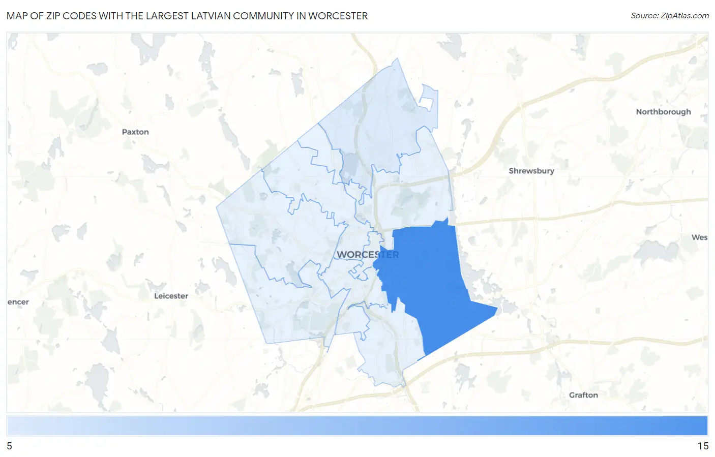 Zip Codes with the Largest Latvian Community in Worcester Map