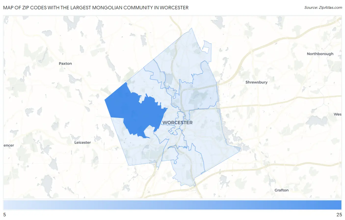 Zip Codes with the Largest Mongolian Community in Worcester Map