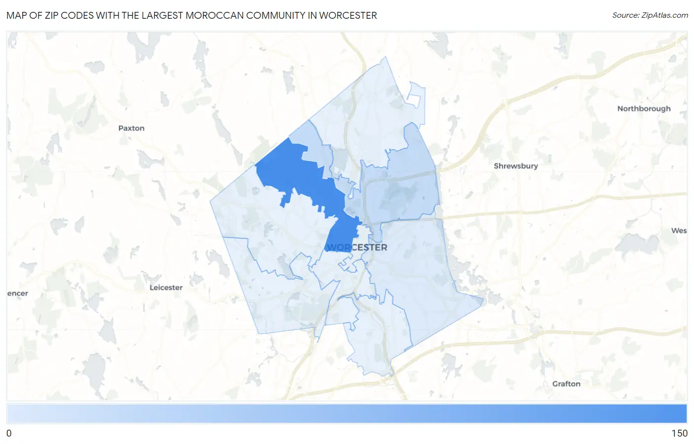 Zip Codes with the Largest Moroccan Community in Worcester Map