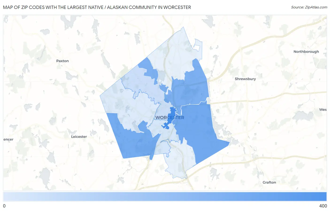 Zip Codes with the Largest Native / Alaskan Community in Worcester Map