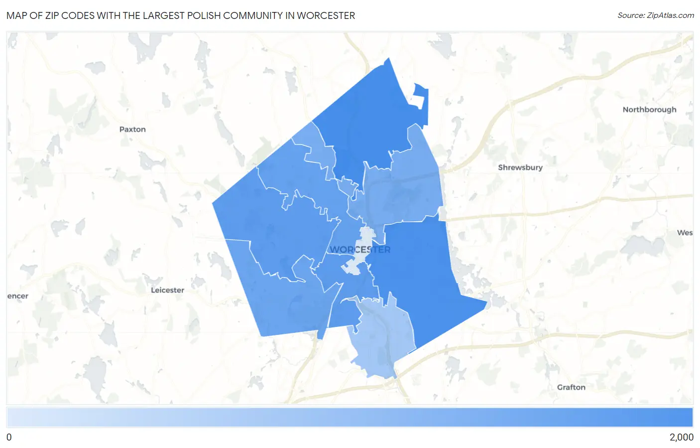 Zip Codes with the Largest Polish Community in Worcester Map