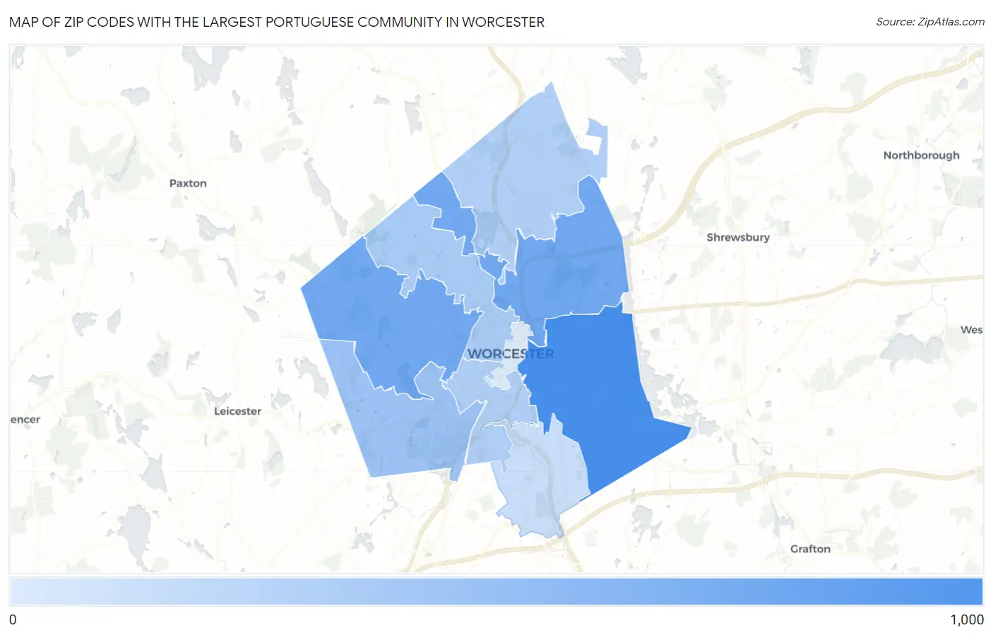 Zip Codes with the Largest Portuguese Community in Worcester Map
