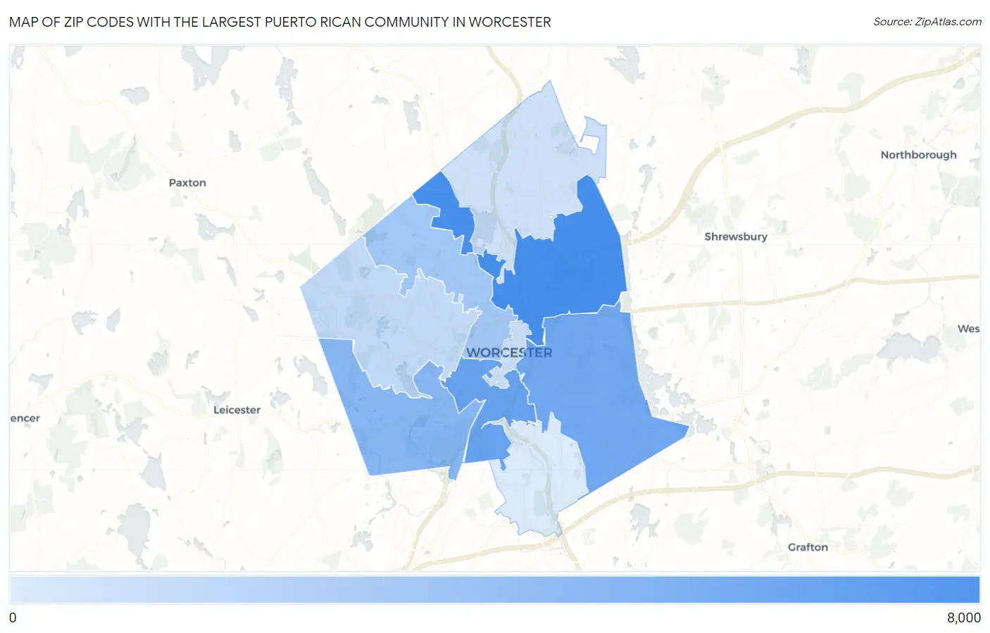 Zip Codes with the Largest Puerto Rican Community in Worcester Map
