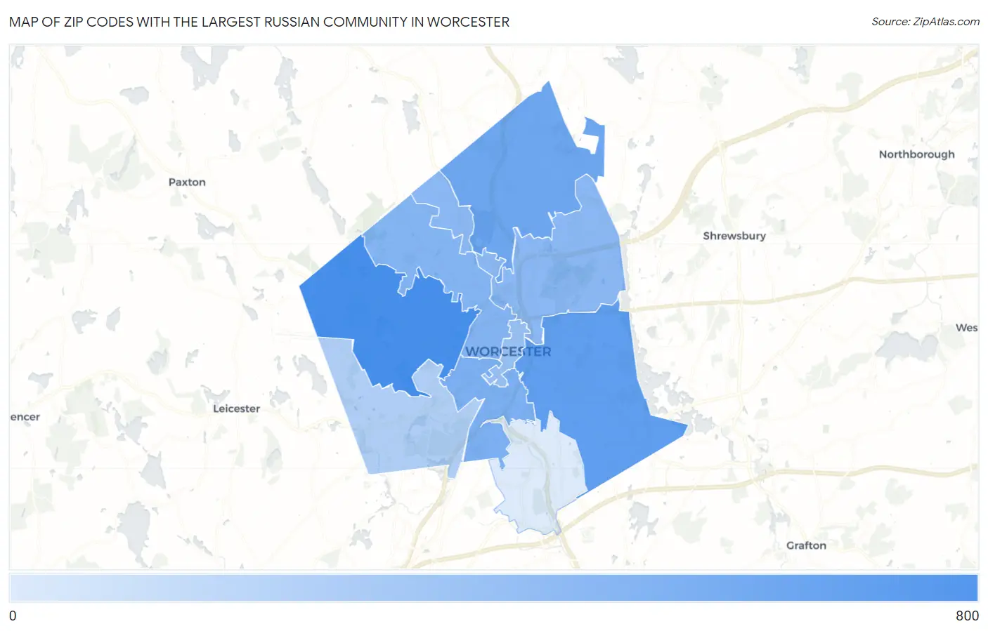 Zip Codes with the Largest Russian Community in Worcester Map