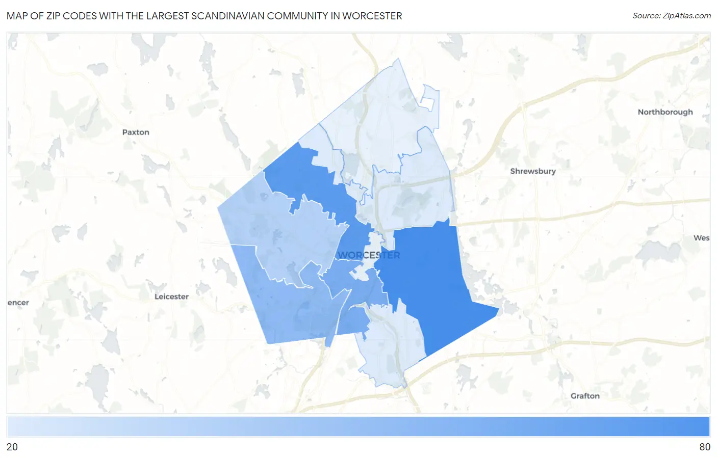 Zip Codes with the Largest Scandinavian Community in Worcester Map