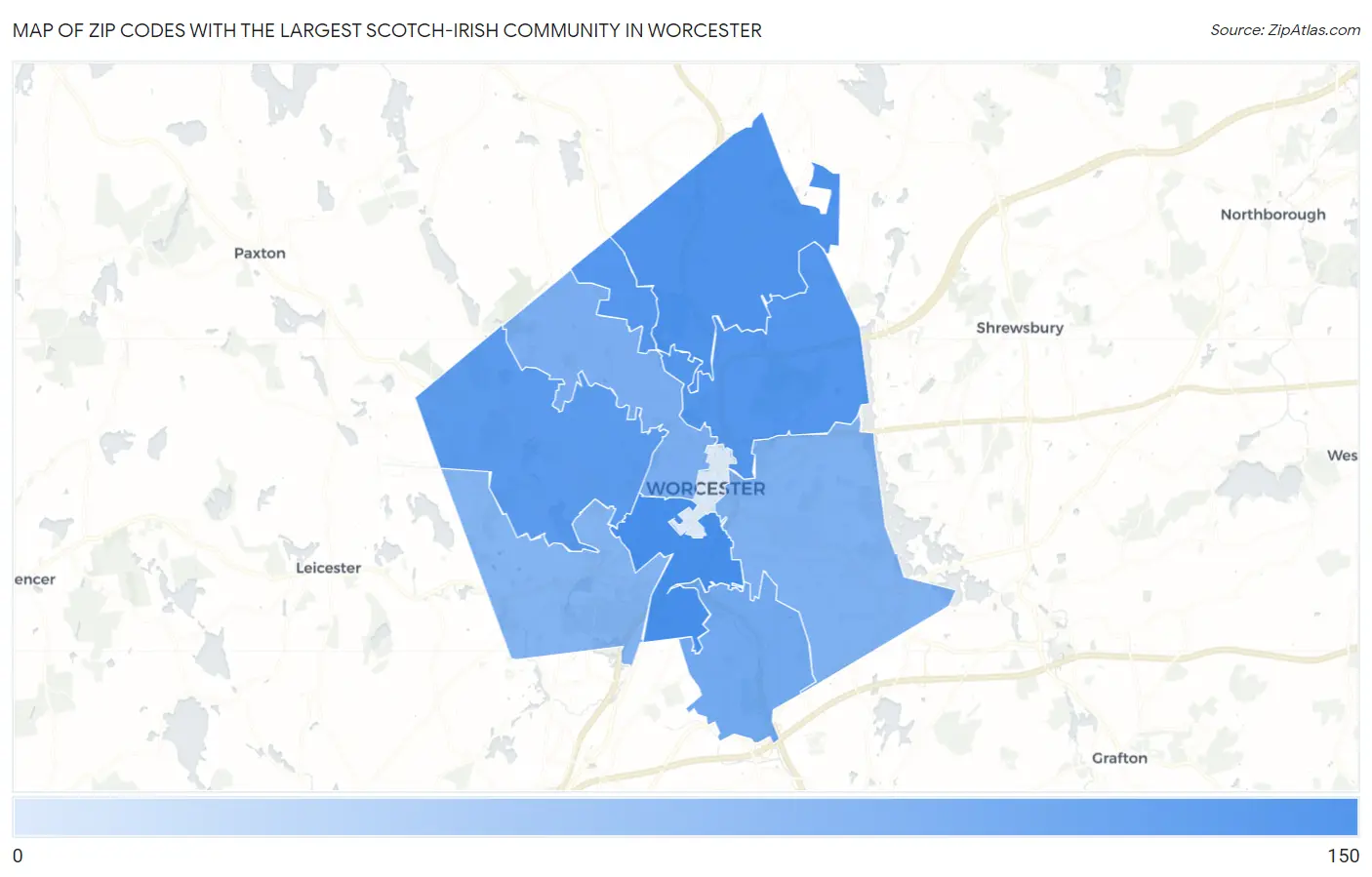 Zip Codes with the Largest Scotch-Irish Community in Worcester Map