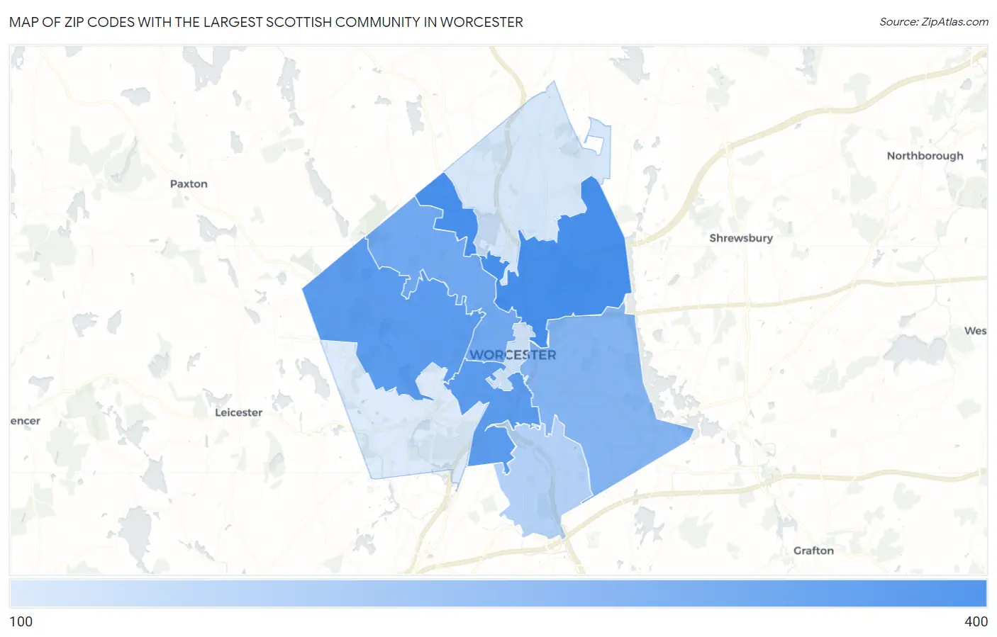 Zip Codes with the Largest Scottish Community in Worcester Map