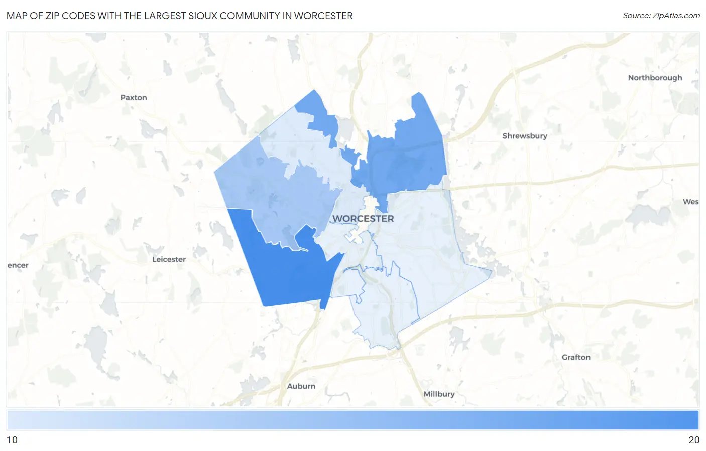 Zip Codes with the Largest Sioux Community in Worcester Map