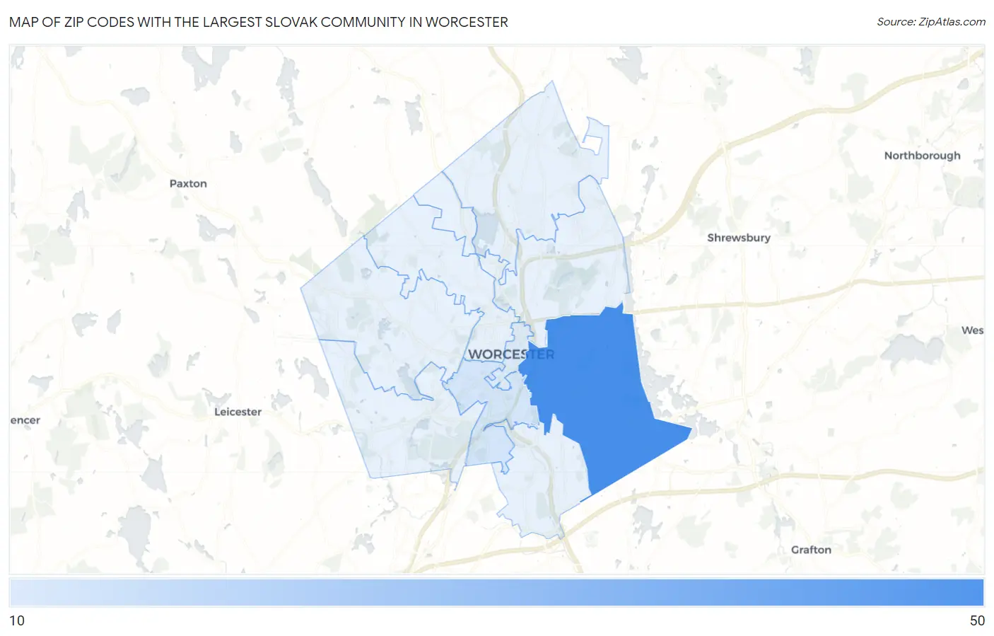 Zip Codes with the Largest Slovak Community in Worcester Map