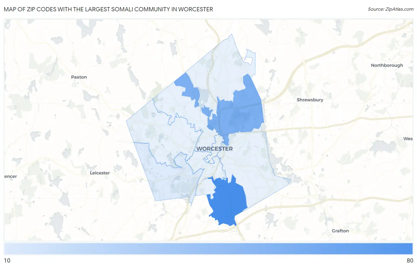 Zip Codes with the Largest Somali Community in Worcester Map