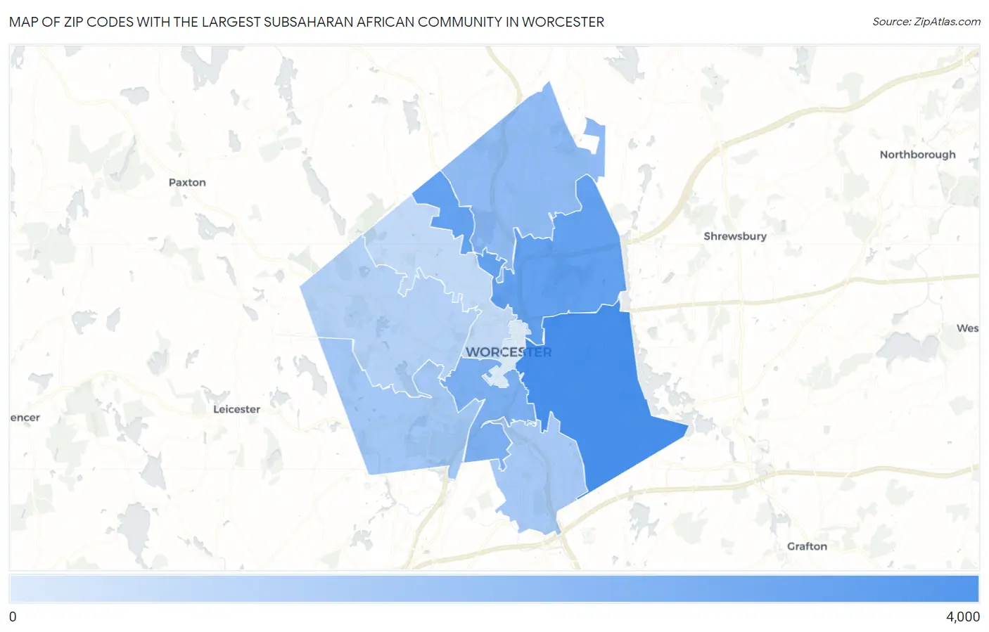 Zip Codes with the Largest Subsaharan African Community in Worcester Map