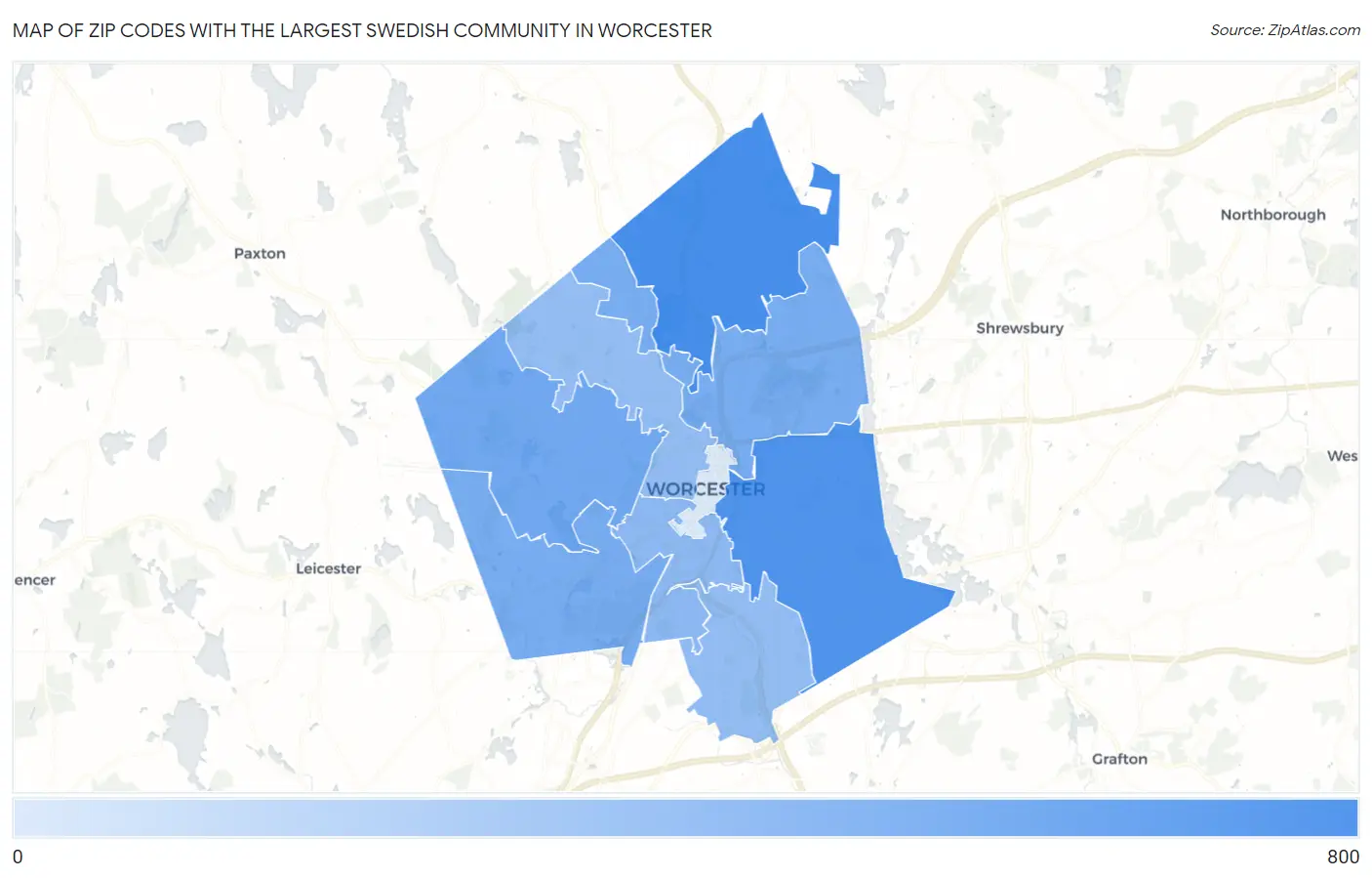Zip Codes with the Largest Swedish Community in Worcester Map