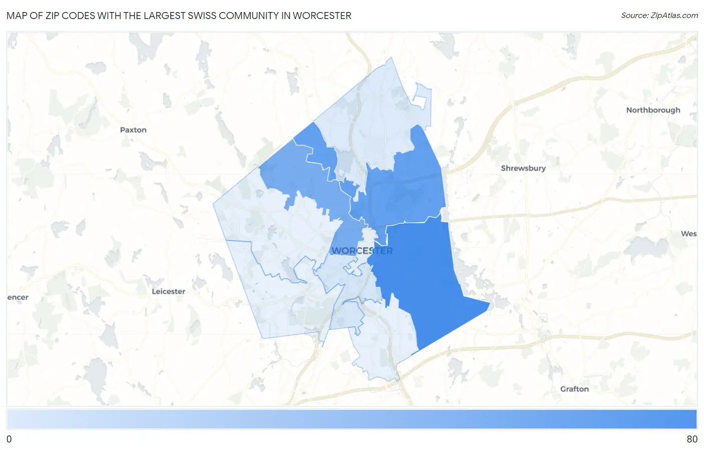 Zip Codes with the Largest Swiss Community in Worcester Map