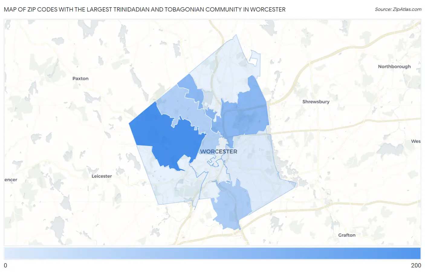 Zip Codes with the Largest Trinidadian and Tobagonian Community in Worcester Map