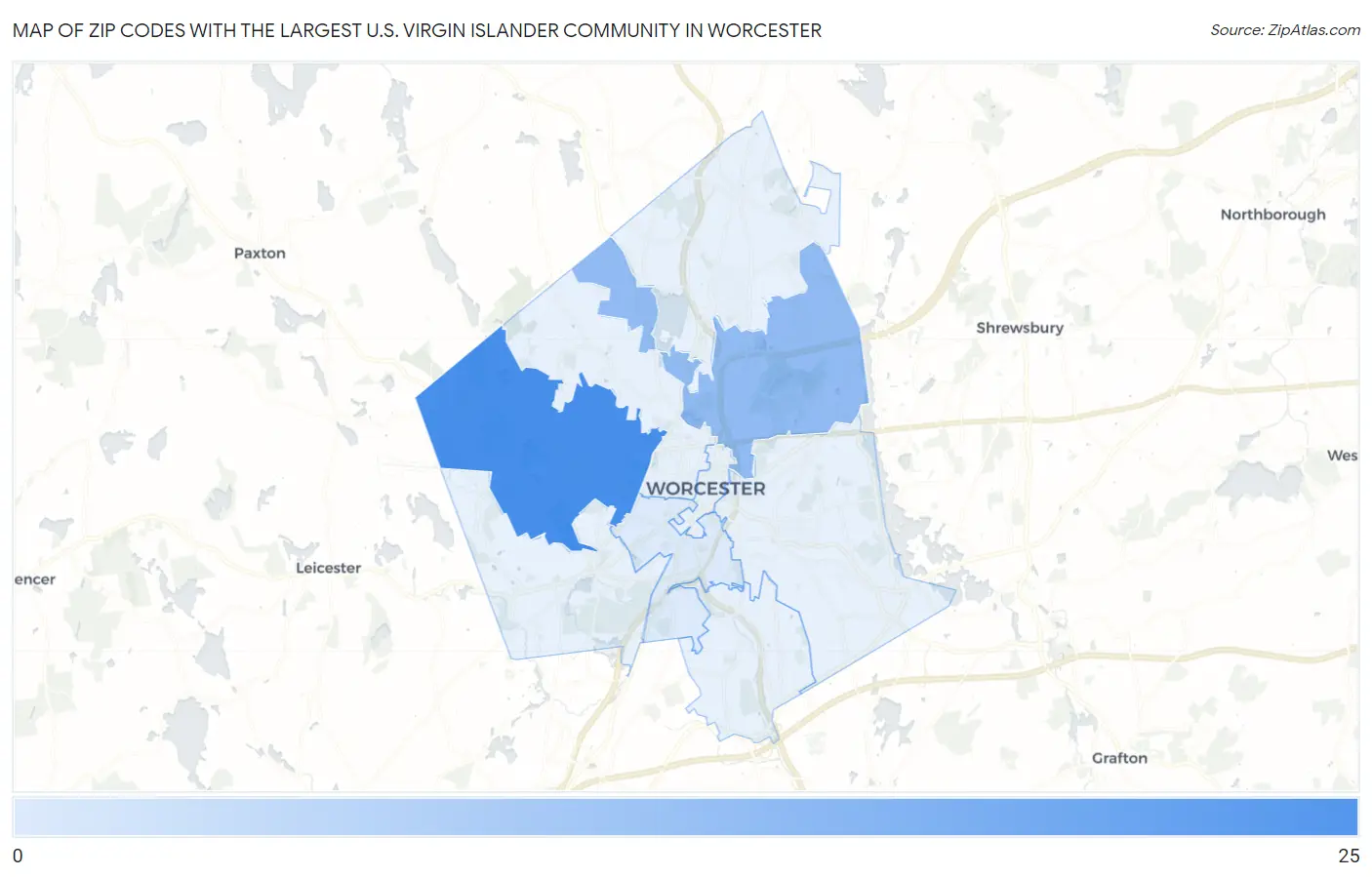 Zip Codes with the Largest U.S. Virgin Islander Community in Worcester Map