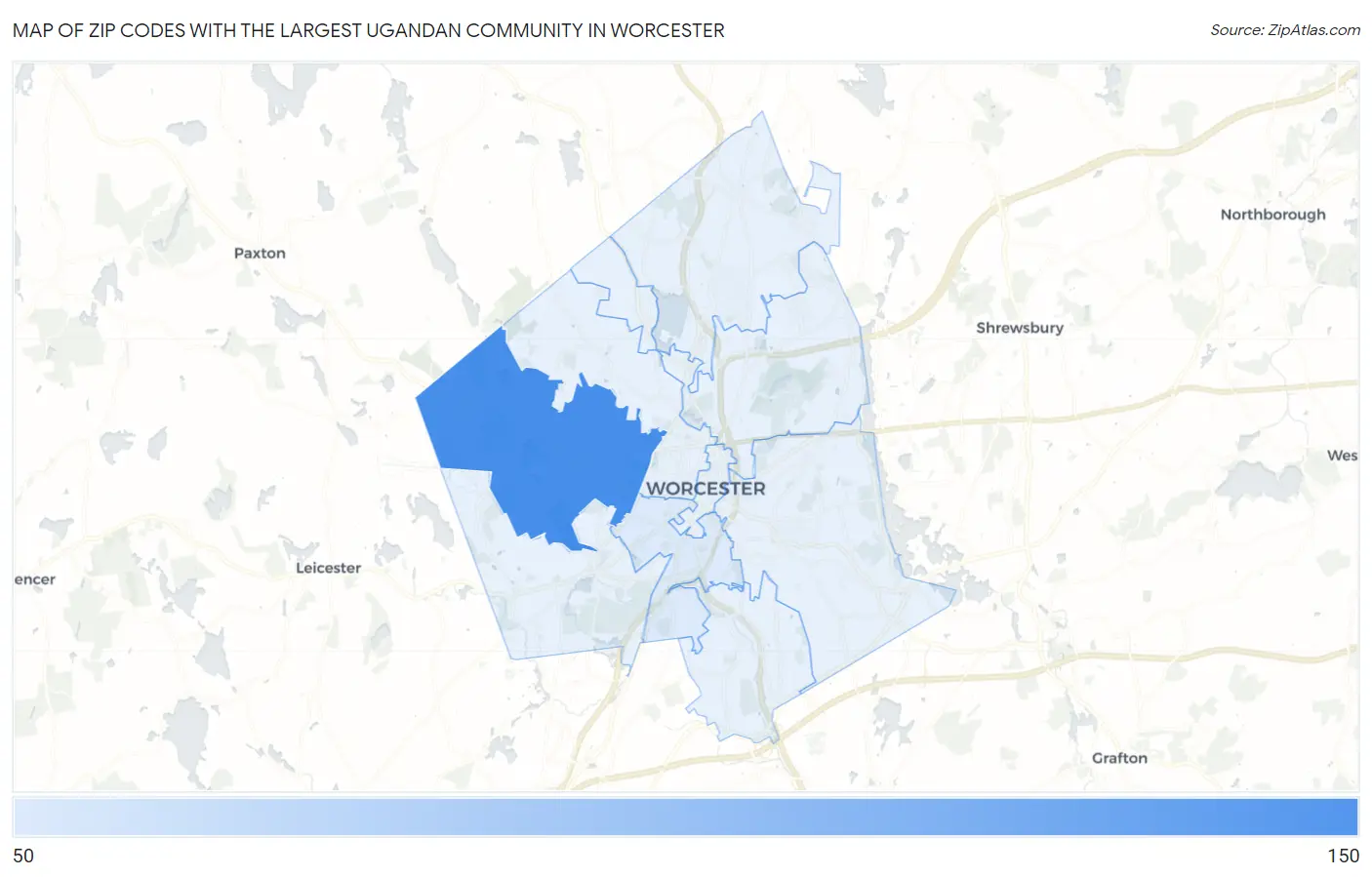 Zip Codes with the Largest Ugandan Community in Worcester Map