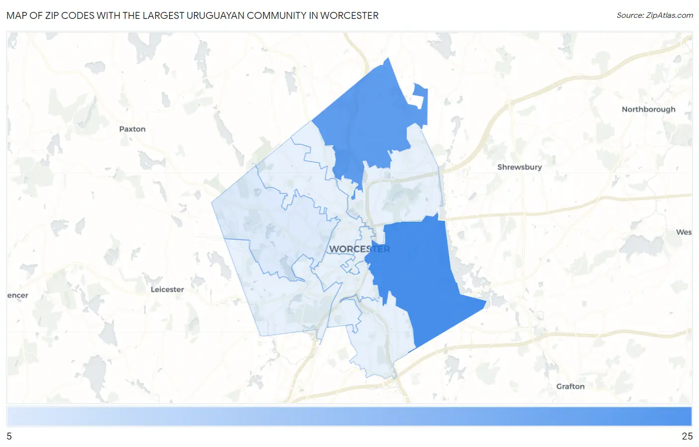 Zip Codes with the Largest Uruguayan Community in Worcester Map