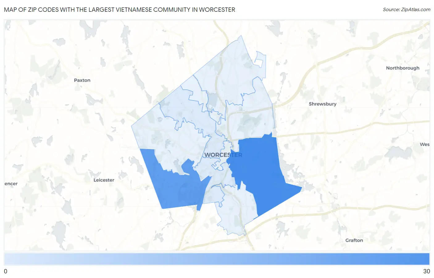 Zip Codes with the Largest Vietnamese Community in Worcester Map