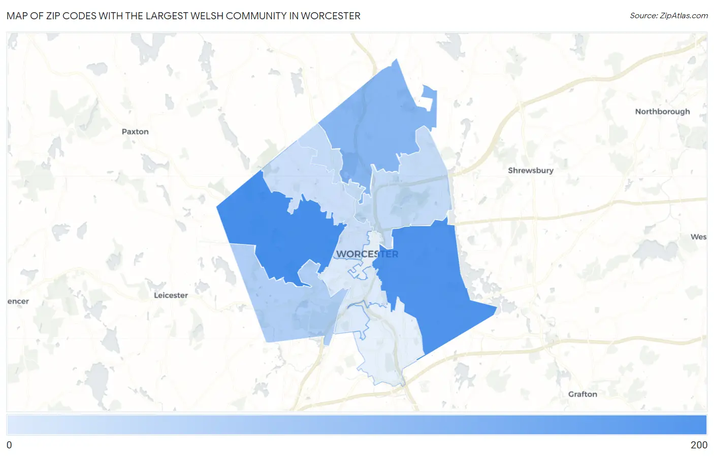 Zip Codes with the Largest Welsh Community in Worcester Map