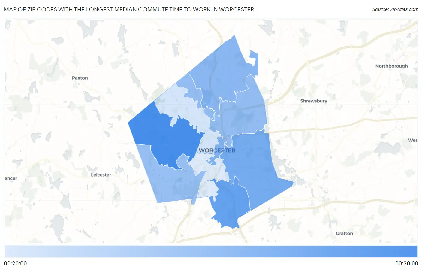 Zip Codes with the Longest Median Commute Time to Work in Worcester Map