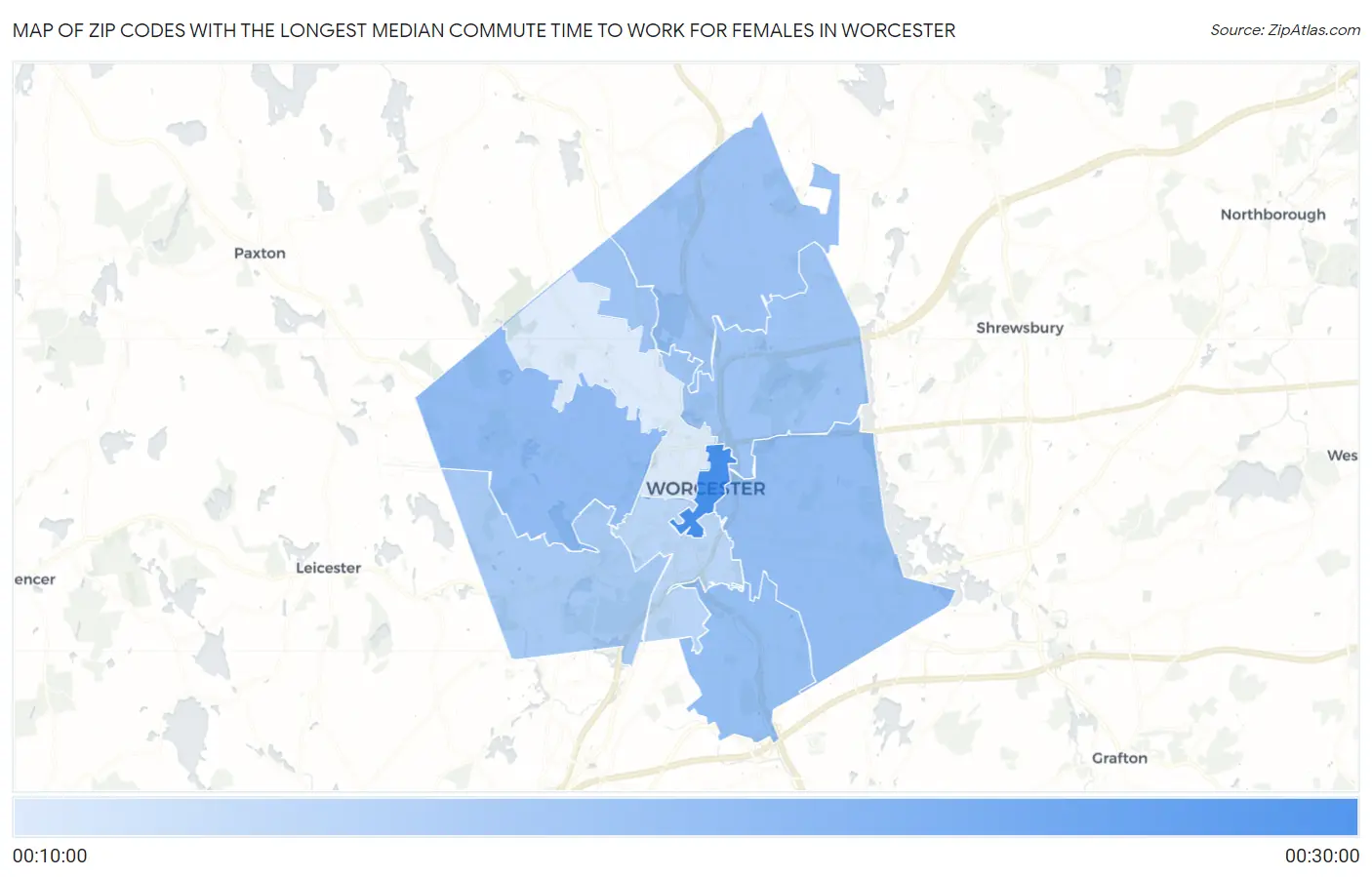 Zip Codes with the Longest Median Commute Time to Work for Females in Worcester Map