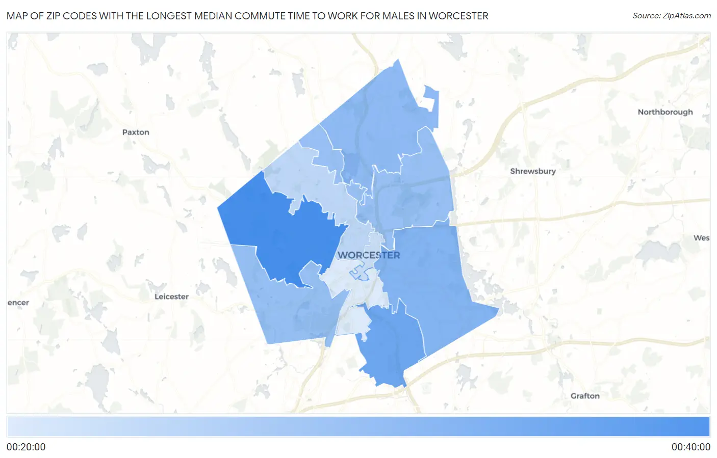 Zip Codes with the Longest Median Commute Time to Work for Males in Worcester Map