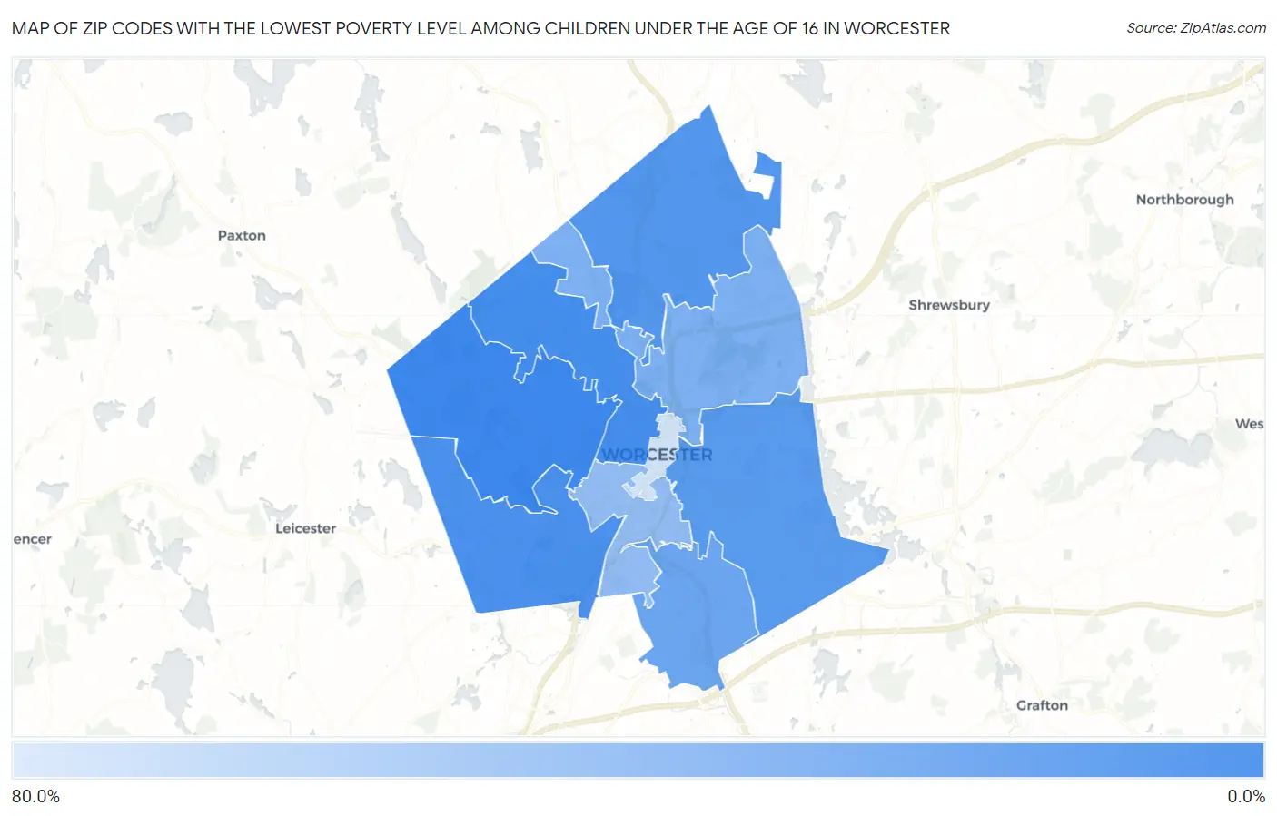 Zip Codes with the Lowest Poverty Level Among Children Under the Age of 16 in Worcester Map