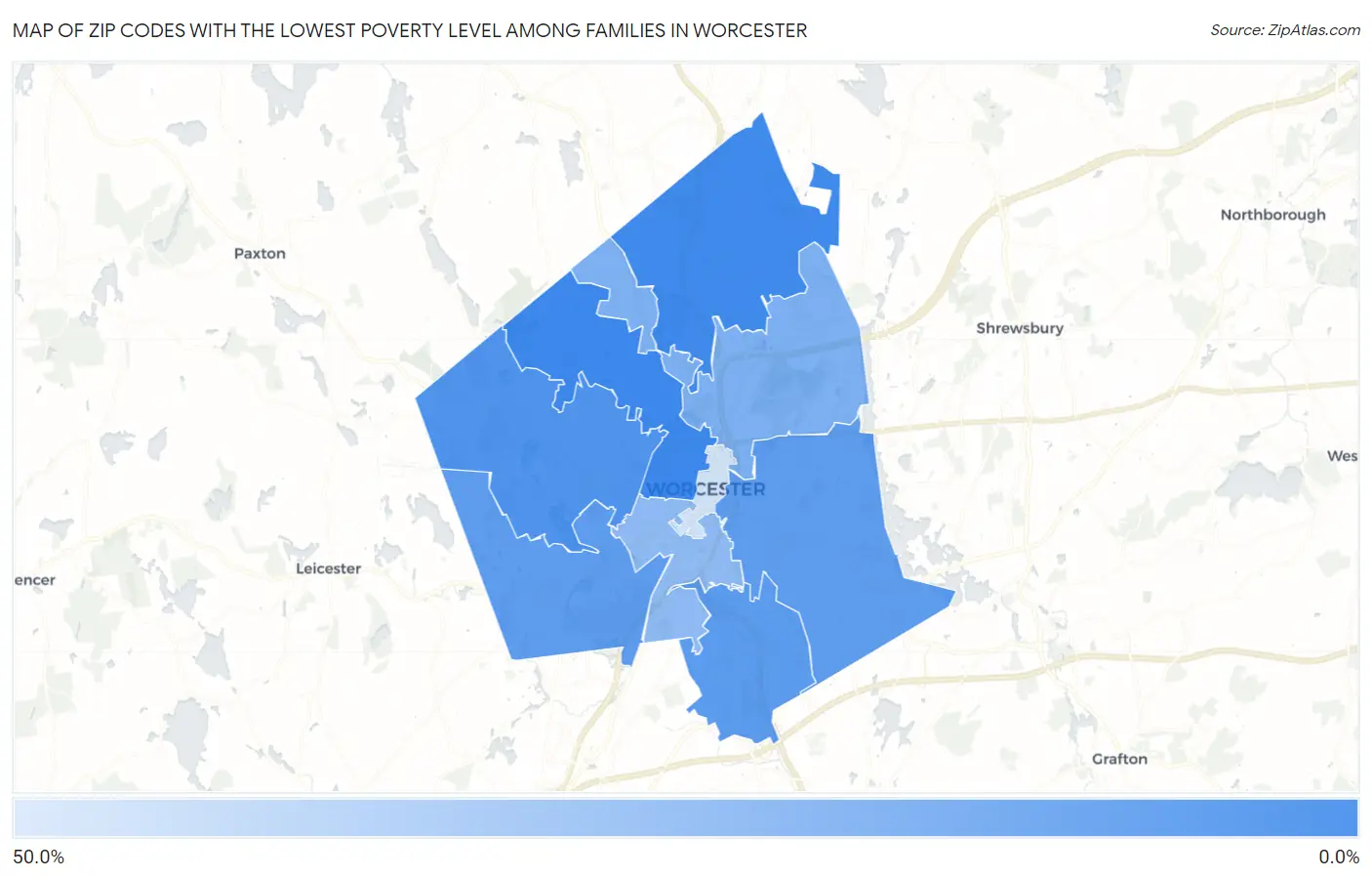 Zip Codes with the Lowest Poverty Level Among Families in Worcester Map