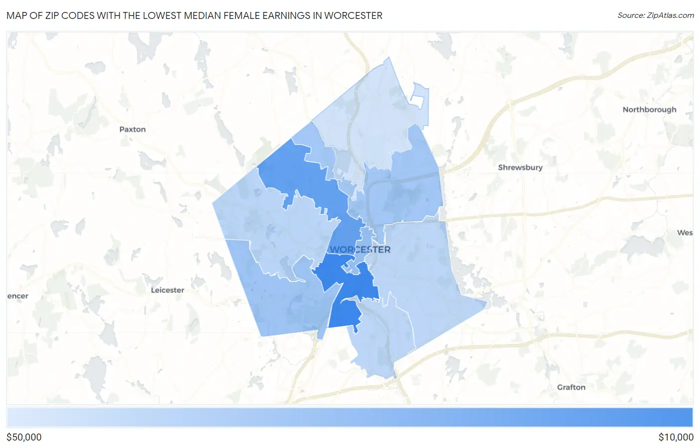 Zip Codes with the Lowest Median Female Earnings in Worcester Map