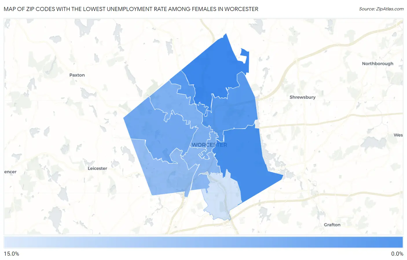 Zip Codes with the Lowest Unemployment Rate Among Females in Worcester Map
