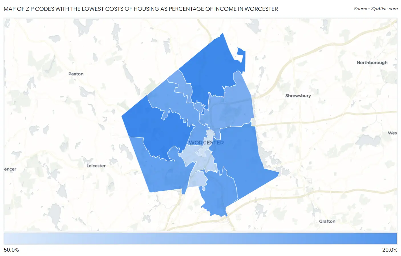 Zip Codes with the Lowest Costs of Housing as Percentage of Income in Worcester Map