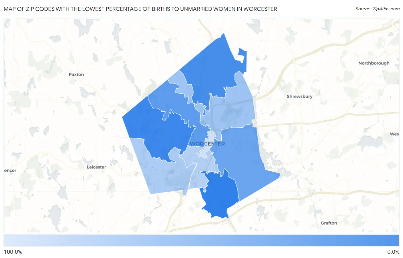 Zip Codes with the Lowest Percentage of Births to Unmarried Women in Worcester Map