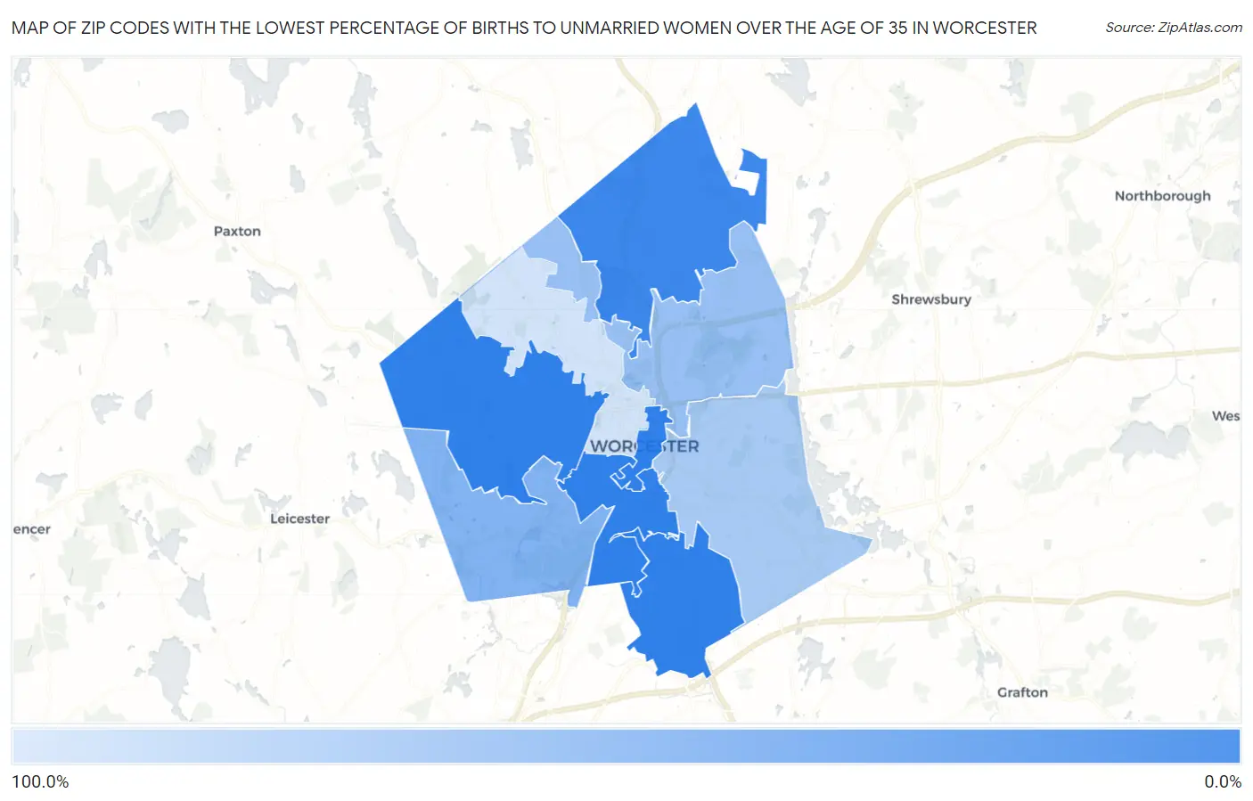 Zip Codes with the Lowest Percentage of Births to Unmarried Women over the Age of 35 in Worcester Map