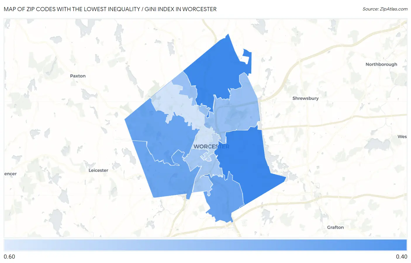 Zip Codes with the Lowest Inequality / Gini Index in Worcester Map