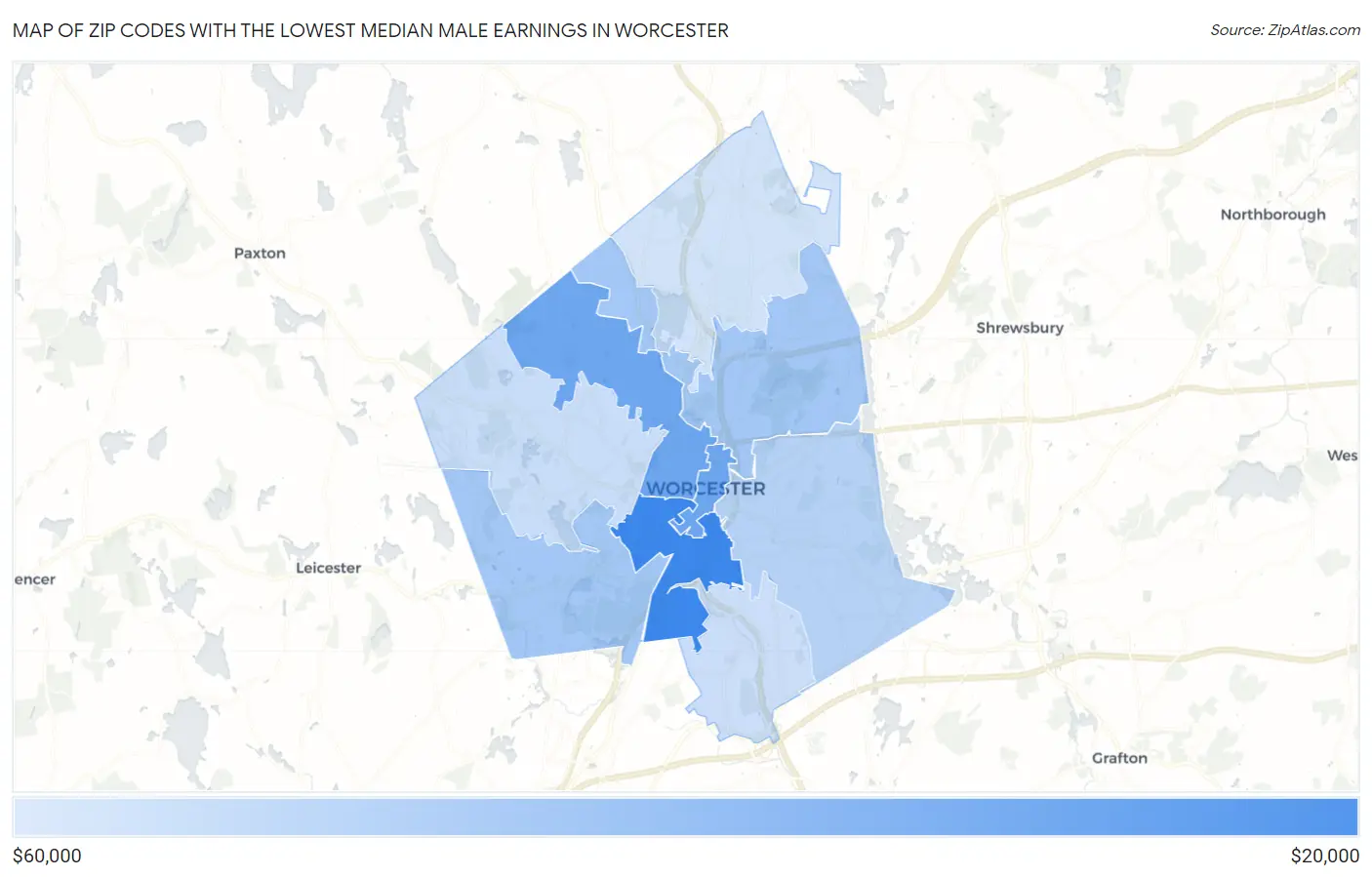 Zip Codes with the Lowest Median Male Earnings in Worcester Map
