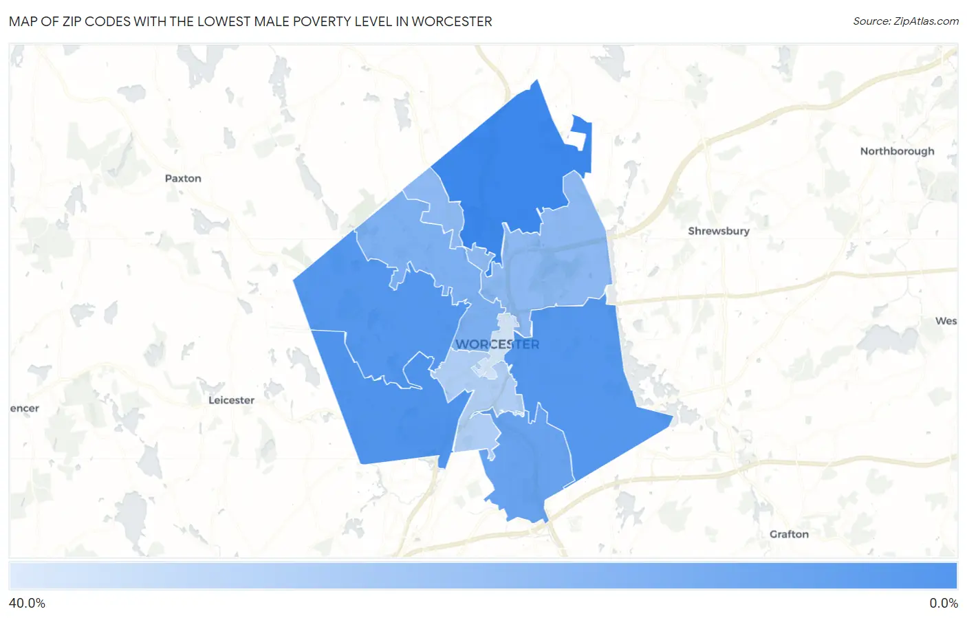 Zip Codes with the Lowest Male Poverty Level in Worcester Map