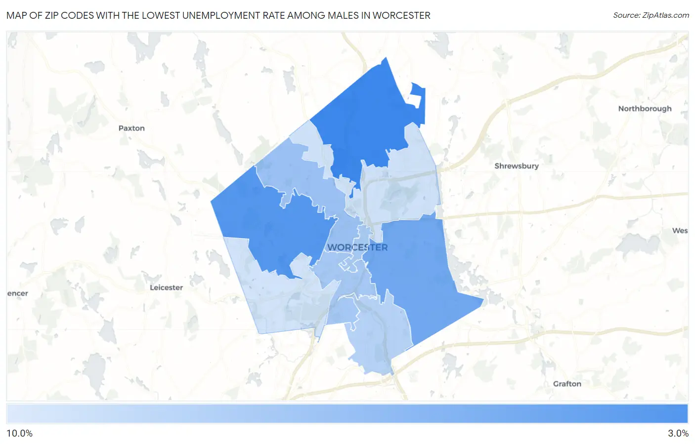 Zip Codes with the Lowest Unemployment Rate Among Males in Worcester Map