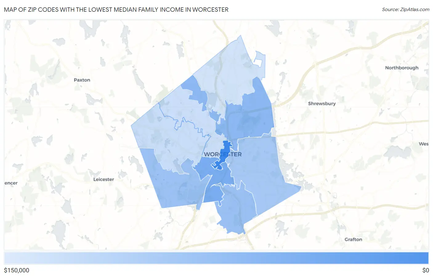 Zip Codes with the Lowest Median Family Income in Worcester Map